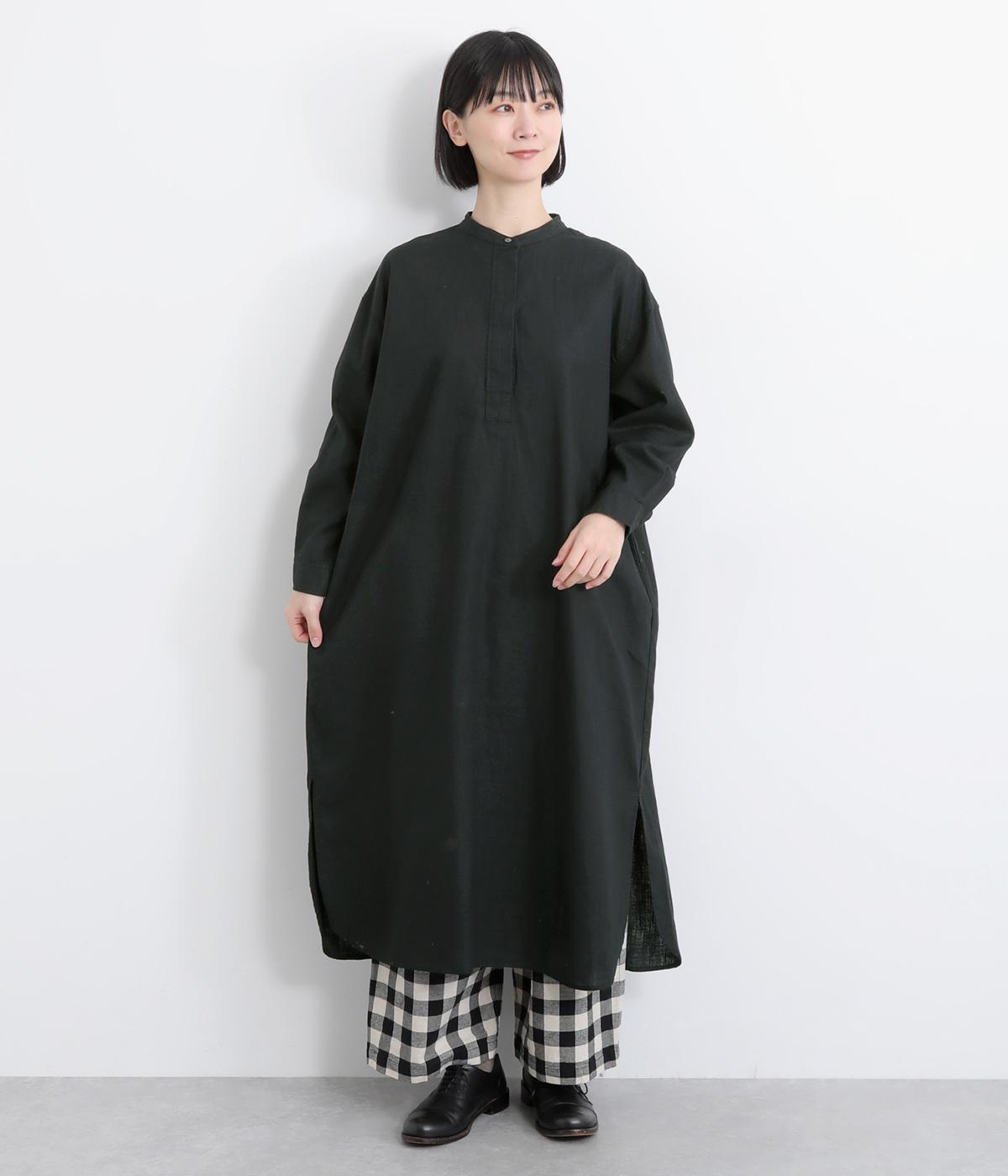 コットンリネンバンドカラープルオーバーワンピース(ブラック-F)