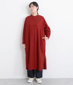 コットンリネンバンドカラープルオーバーワンピース(レッド-F)