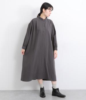 コットンリネンフリルネックプルオーバーワンピース(チャコール-F)