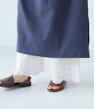 コットン裾刺繍ワイドパンツ(オフ-F)