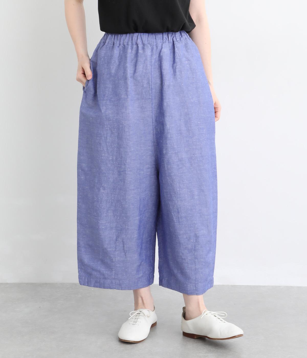 コットンリネンシャンブレーワイドクロップドパンツ(ブルー-F)
