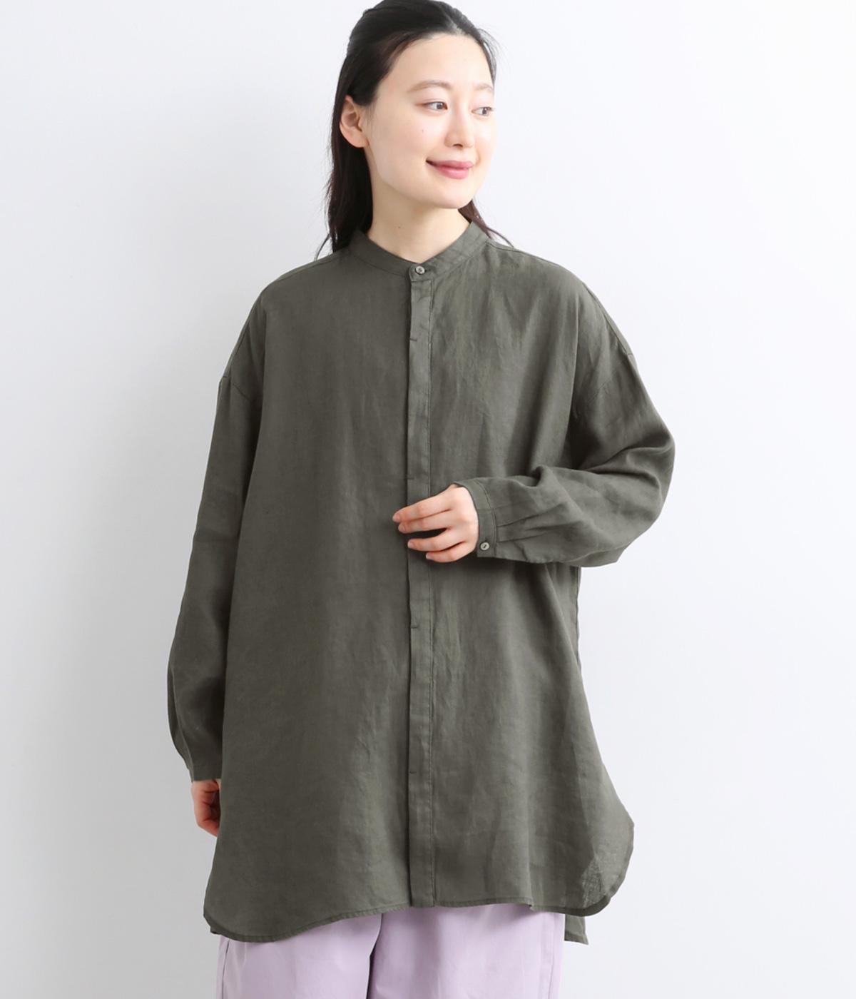 リネンフライフロントシャツチュニック(チャコール-F)