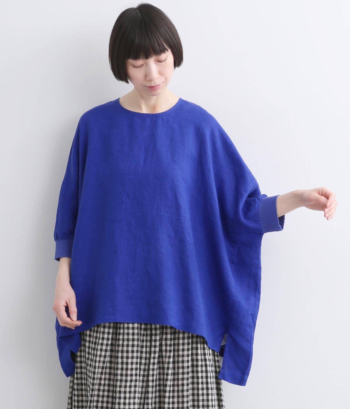 リネンバックボタンビッグプルオーバー(ブルー-F)