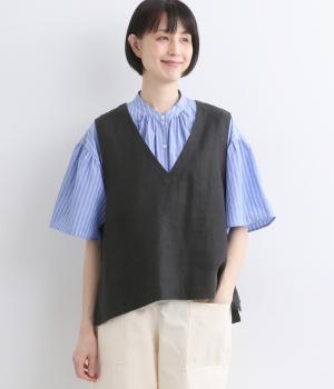 ヘビーリネンVネックベスト(ブラック-F)