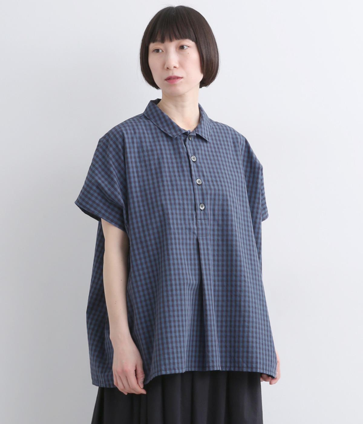 タイプライターヘンリーネックカラードプルオーバー(ブルー×ブラック-F)