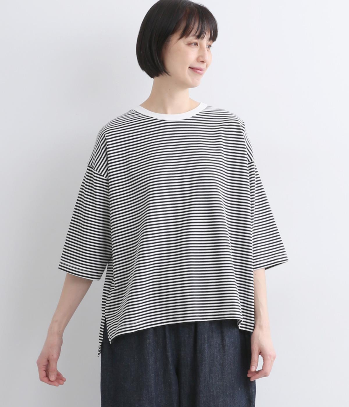 ボーダーカットソー5分袖Tシャツ(ブラック-F)