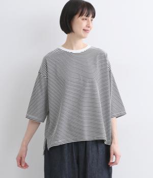 ボーダーカットソー5分袖Tシャツ(ブラック-F)