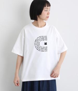 6.5ozボックスシルエットTシャツ　”CATS MAKE LIFE” ネコTシャツ(ホワイト-F)