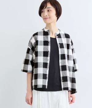 コットンリネン5分袖シャツ(ブロックチェック-F)