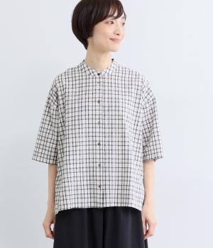 コットンリネン5分袖シャツ(チェック-F)