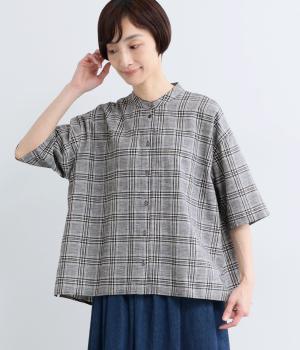 コットンリネン5分袖シャツ(グレンチェック-F)