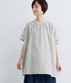 シャーリングストライプヘンリーネックプルオーバーチュニック(ブラック-F)