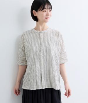 シャーリングストライプワイドブラウス(ブラック-F)