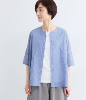 シャーリングストライプワイドブラウス(ブルー-F)