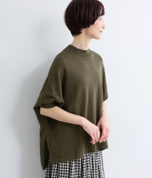 コットンリネンニットモックネックドルマンプルオーバー(ブラウン-F)