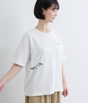 半袖プリントTシャツ　”Lazy Cat”(ホワイト-F)