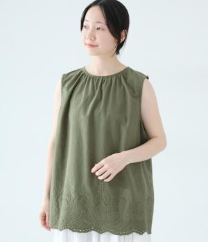 コットン裾刺繍ノースリーブトップス(カーキ-F)