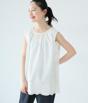 コットン裾刺繍ノースリーブトップス(オフ-F)