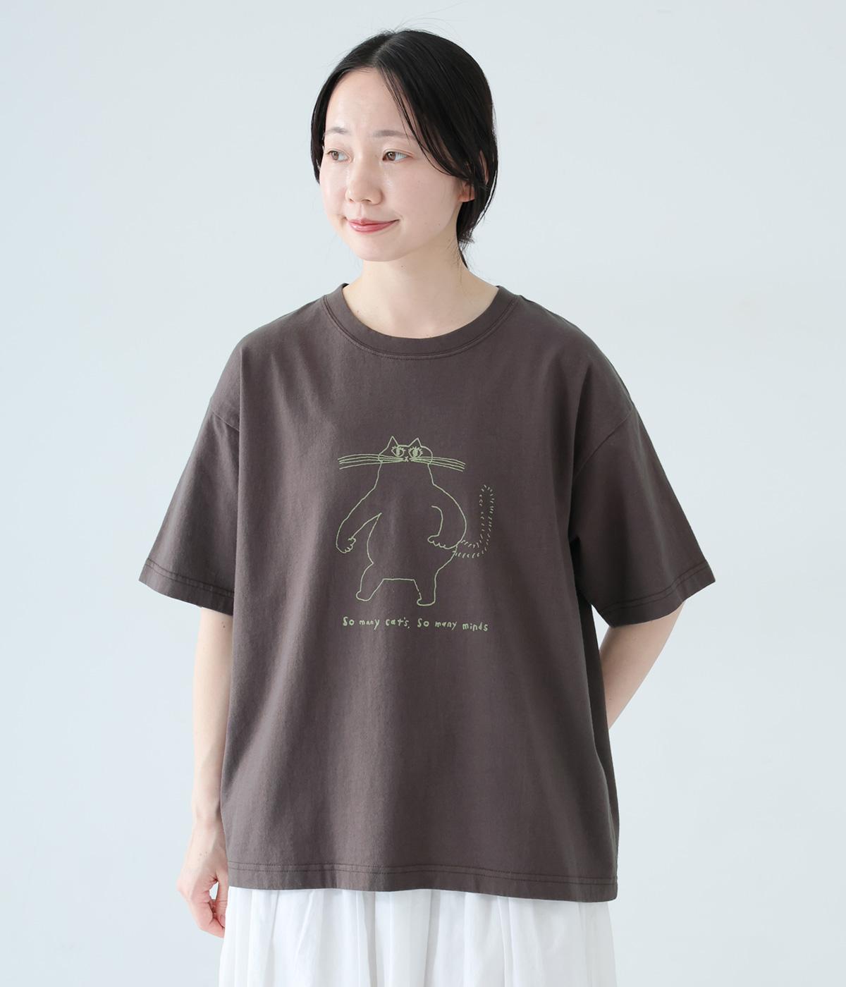 半袖プリントTシャツ　”Boss Cat”(チャコール-F)