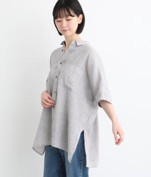 リネンチェックワイドシャツチュニック(グレー-F)