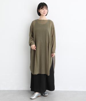 コットン長袖シアーチュニック(カーキ-F)
