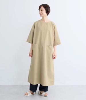 コットンダンプワッシャーリブネックワンピース(グレージュ-F)