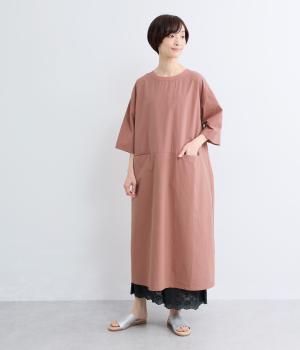 コットンダンプワッシャーリブネックワンピース(ピンク-F)