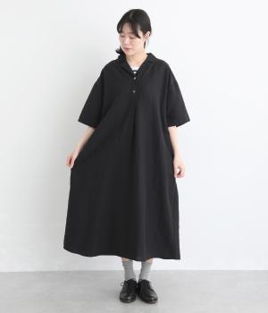 コットンリネンシャンブレーオープンカラーワンピース(ブラック-F)