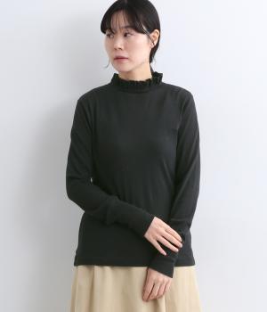 コットンガーゼカットソーフリルネックTシャツ（ブラック・F）