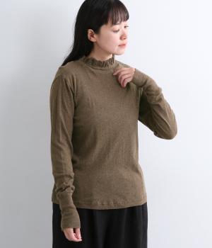 コットンガーゼカットソーフリルネックTシャツ（ブラウン・F）