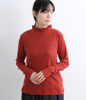 コットンガーゼカットソーフリルネックTシャツ（レッド・F）