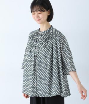 コットンインドプリント　シスフロンセシャツ(グレーチェック-2)