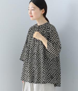 コットンインドプリント　シスフロンセシャツ(ブラックチェック-2)