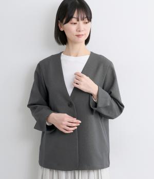 ウールライクポリエステルツイルノーカラージャケット(チャコール-F)