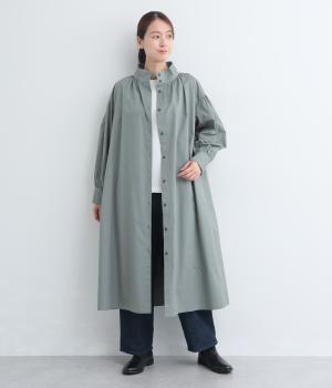 コットンツイルダンプエアタンブラースタンドカラーギャザーコート(ブルー-F)