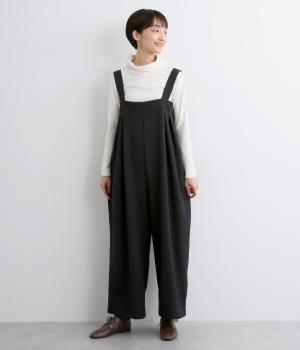 ウールライクポリエステルツイルポリエステルサロペットパンツ(ブラック-F)