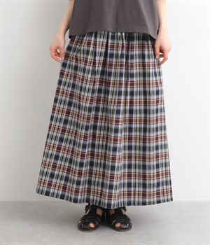 コットン マドラスチェックタックスカート(ネイビー×レッド-ONESIZE)