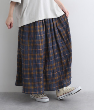 【made in japan】シャーリングチェックスカート(ネイビーモカ-ONESIZE)
