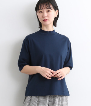 コットン モックネックハーフスリーブTシャツ(ネイビー-ONESIZE)