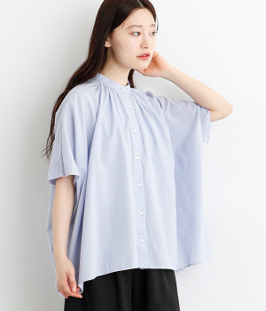 コットン ワイドギャザーシャツ(サックス-ONESIZE)