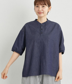 デニム ヘンリーネックプルオーバー(インディゴ-ONESIZE)