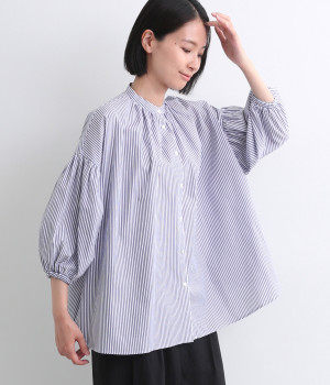 コットン ストライプパフスリーブブラウス(ネイビーストライプ-ONESIZE)