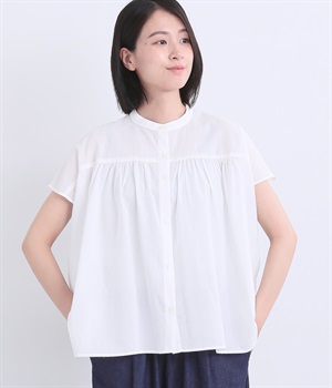 コットン バンドカラーギャザーブラウス(オフホワイト-ONESIZE)