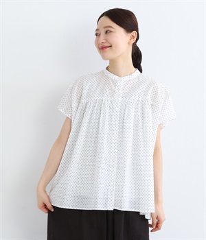 コットン ドットバンドカラーギャザーブラウス(オフホワイト-ONESIZE)
