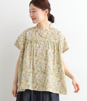 コットン 花柄バンドカラーギャザーブラウス(オフホワイト-ONESIZE)