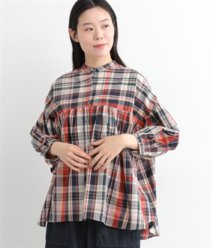 コットン マドラスチェックギャザーブラウス(オフホワイト×レッド-ONESIZE)