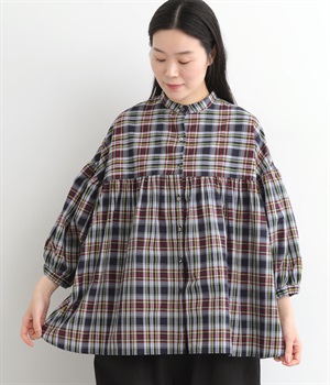コットン マドラスチェックギャザーブラウス(ネイビー×レッド-ONESIZE)