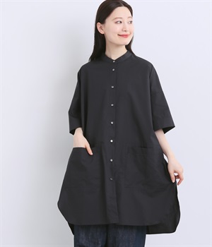 コットン バンドカラーロングシャツ(ネイビー-ONESIZE)