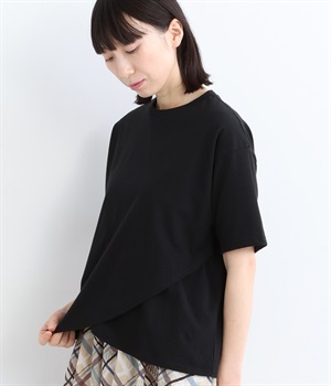 コットン天竺 ダブルラップデザインプルオーバー(ブラック-ONESIZE)