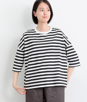 【made in japan】コットン ボーダーワイドプルオーバー(オフ×ブラック-ONESIZE)